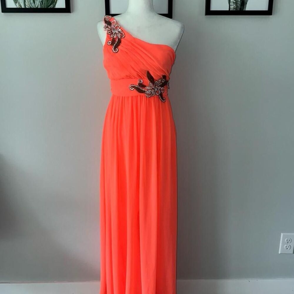 Jodi Kristopher Bright Orange One Shoulder Maxi Dress 5